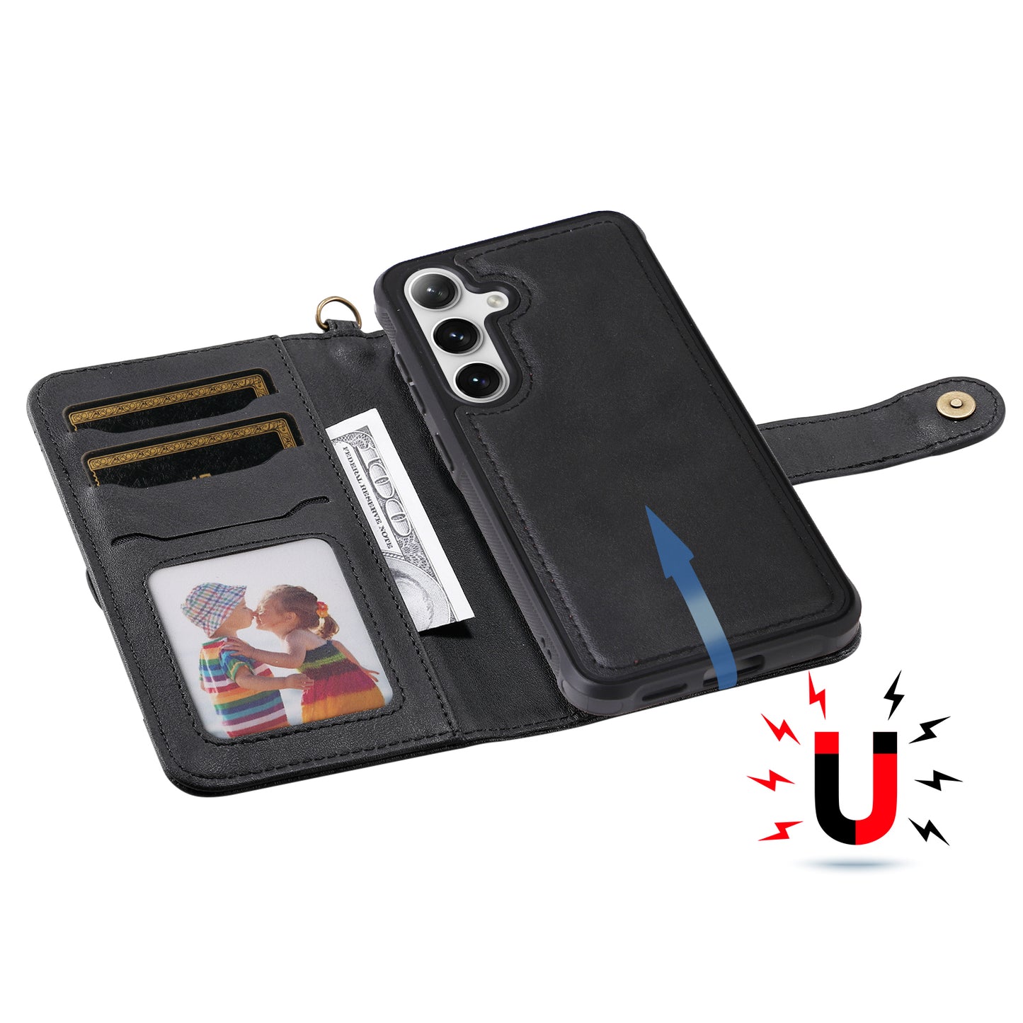 KT Leather Series-4 For Samsung Galaxy S24 Wallet Case 2-in-1 Detachable Flip Stand Phone Cover - Black