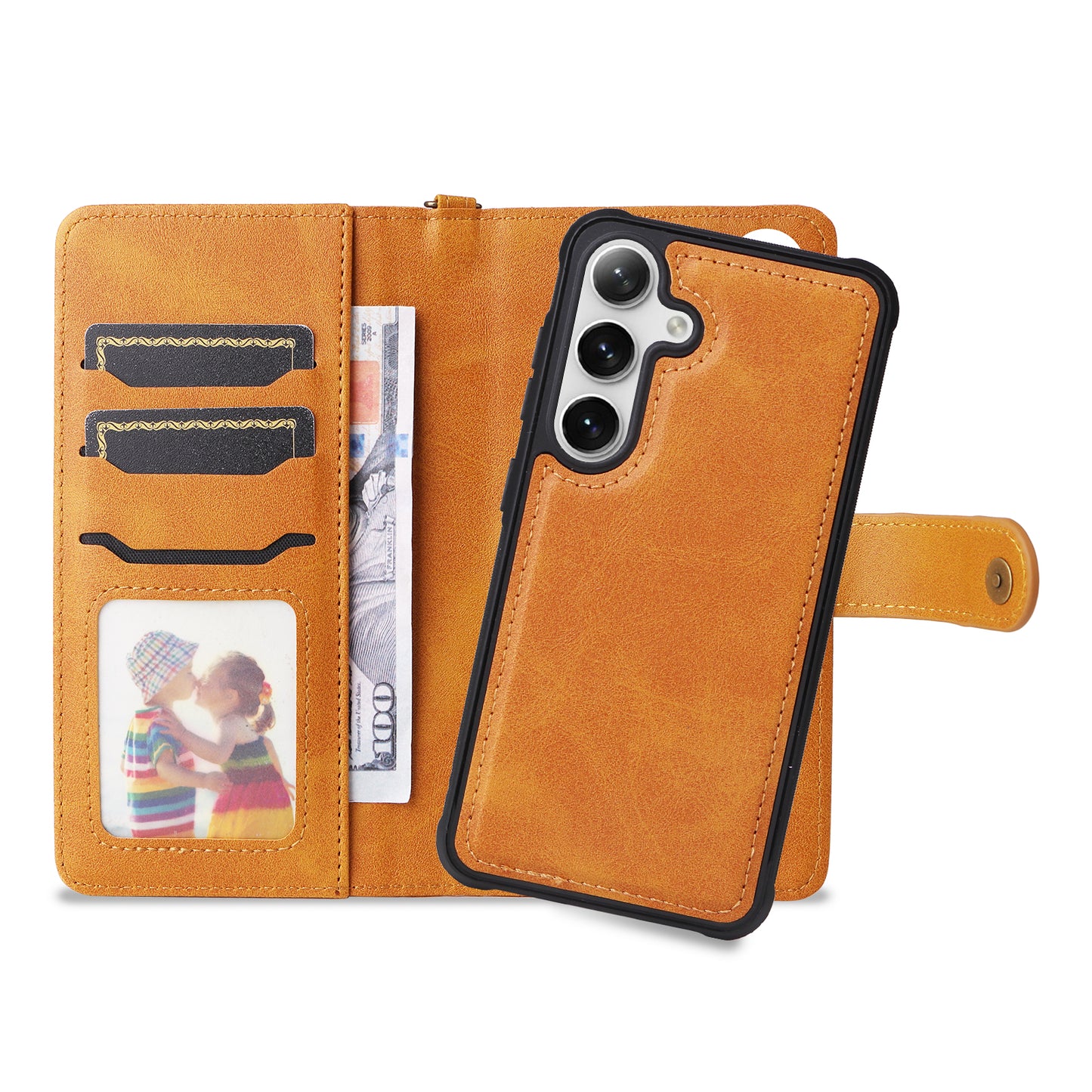 KT Leather Series-4 For Samsung Galaxy S24 Wallet Case 2-in-1 Detachable Flip Stand Phone Cover - Brown