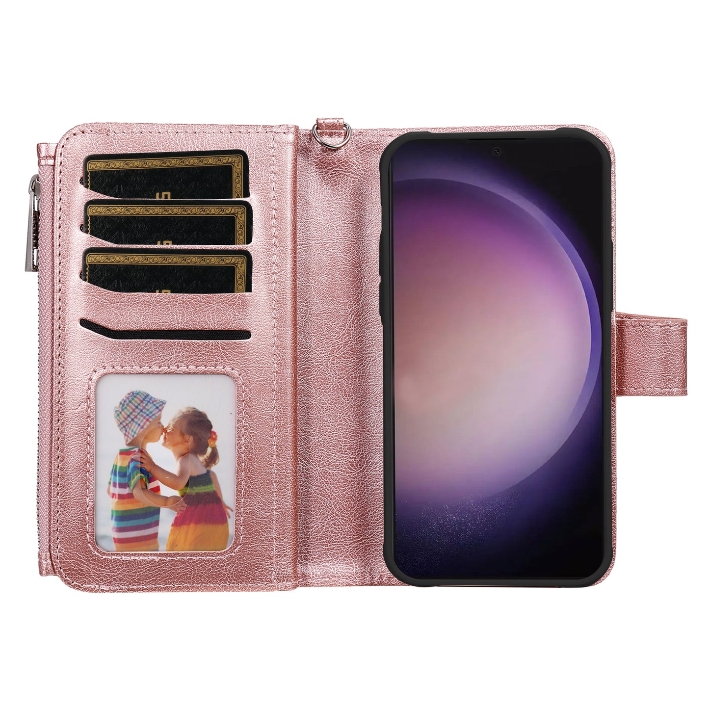 KT Multi-functional Series-4 for Samsung Galaxy S24 Ultra Case Magnetic Leather Zipper Pocket Phone Cover - Rose Gold