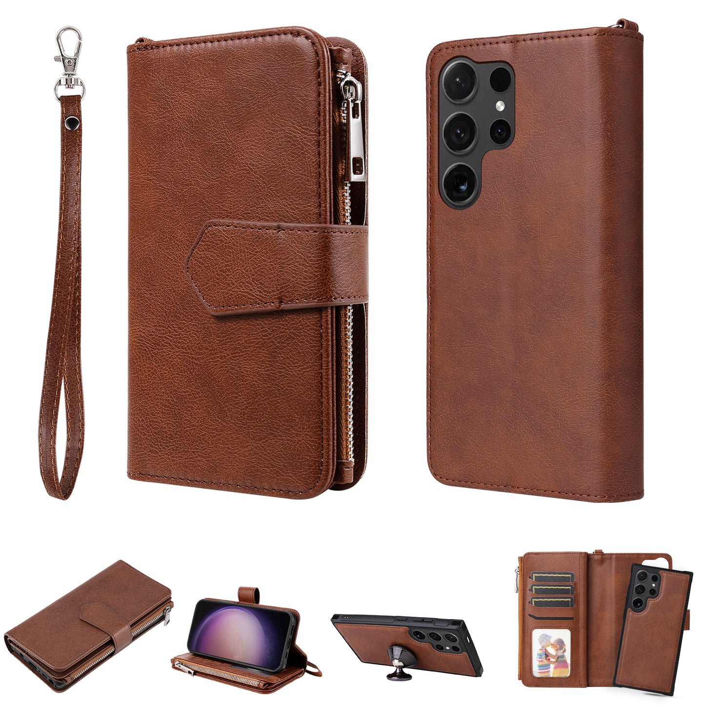 KT Multi-functional Series-4 for Samsung Galaxy S24 Ultra Case Magnetic Leather Zipper Pocket Phone Cover - Brown