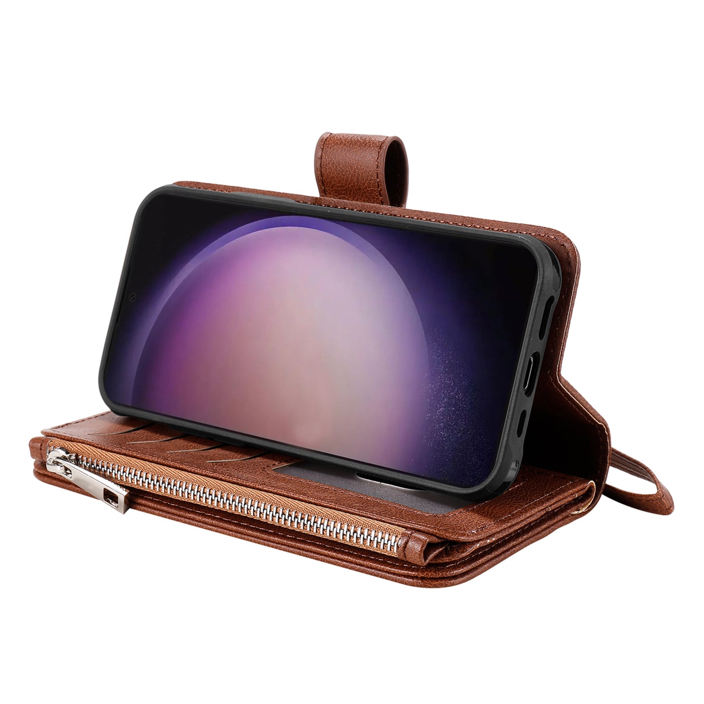KT Multi-functional Series-4 for Samsung Galaxy S24 Ultra Case Magnetic Leather Zipper Pocket Phone Cover - Brown