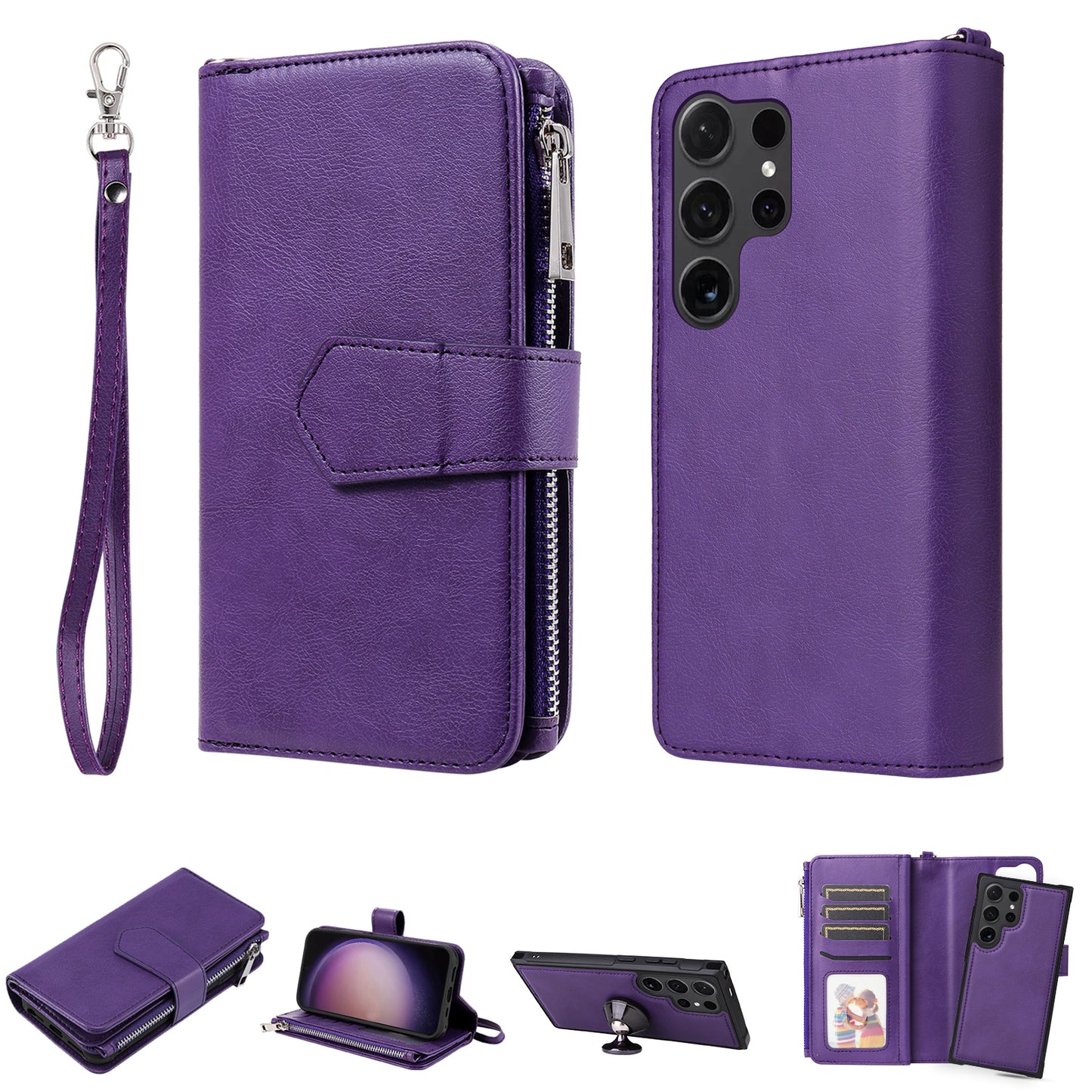 KT Multi-functional Series-4 for Samsung Galaxy S24 Ultra Case Magnetic Leather Zipper Pocket Phone Cover - Purple