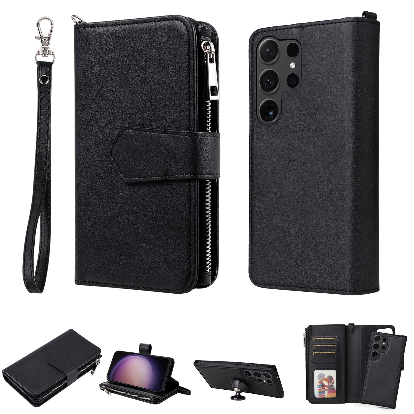 KT Multi-functional Series-4 for Samsung Galaxy S24 Ultra Case Magnetic Leather Zipper Pocket Phone Cover - Black