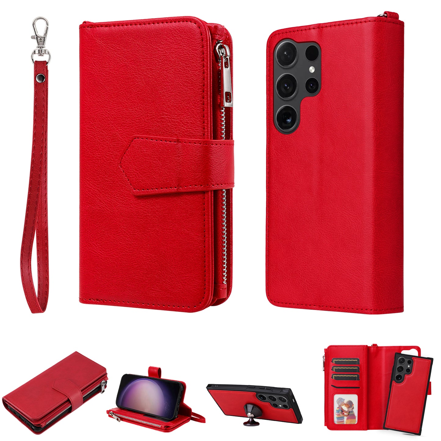 KT Multi-functional Series-4 for Samsung Galaxy S24 Ultra Case Magnetic Leather Zipper Pocket Phone Cover - Red