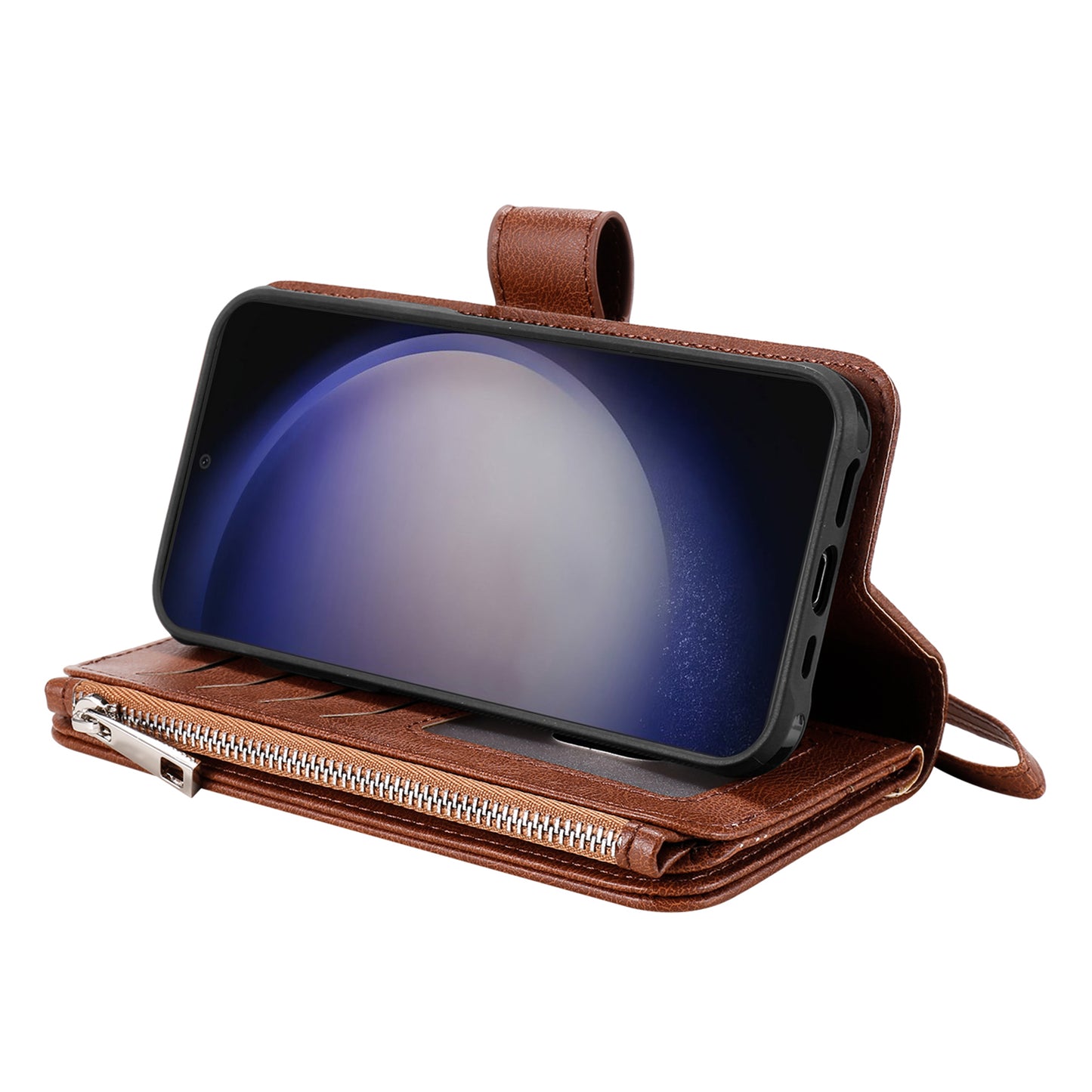 KT Multi-functional Series-4 for Samsung Galaxy S24 Magnetic Case Card Slots Stand Zipper Phone Cover - Brown