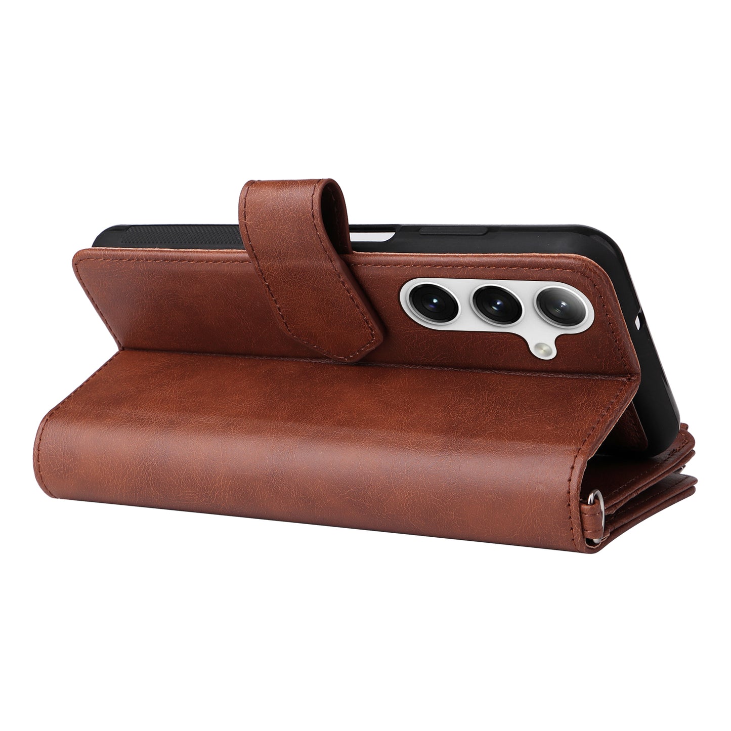 KT Multi-functional Series-4 for Samsung Galaxy S24 Magnetic Case Card Slots Stand Zipper Phone Cover - Brown