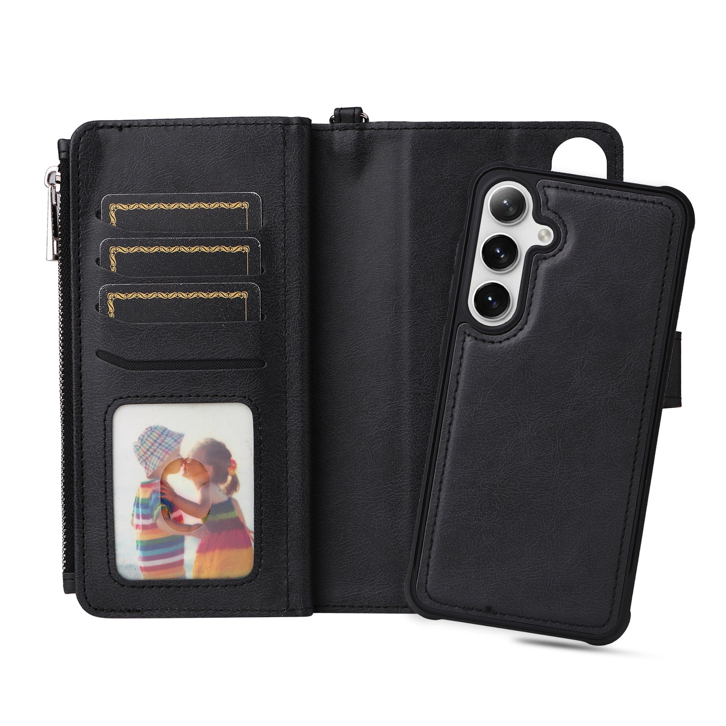 KT Multi-functional Series-4 for Samsung Galaxy S24 Magnetic Case Card Slots Stand Zipper Phone Cover - Black