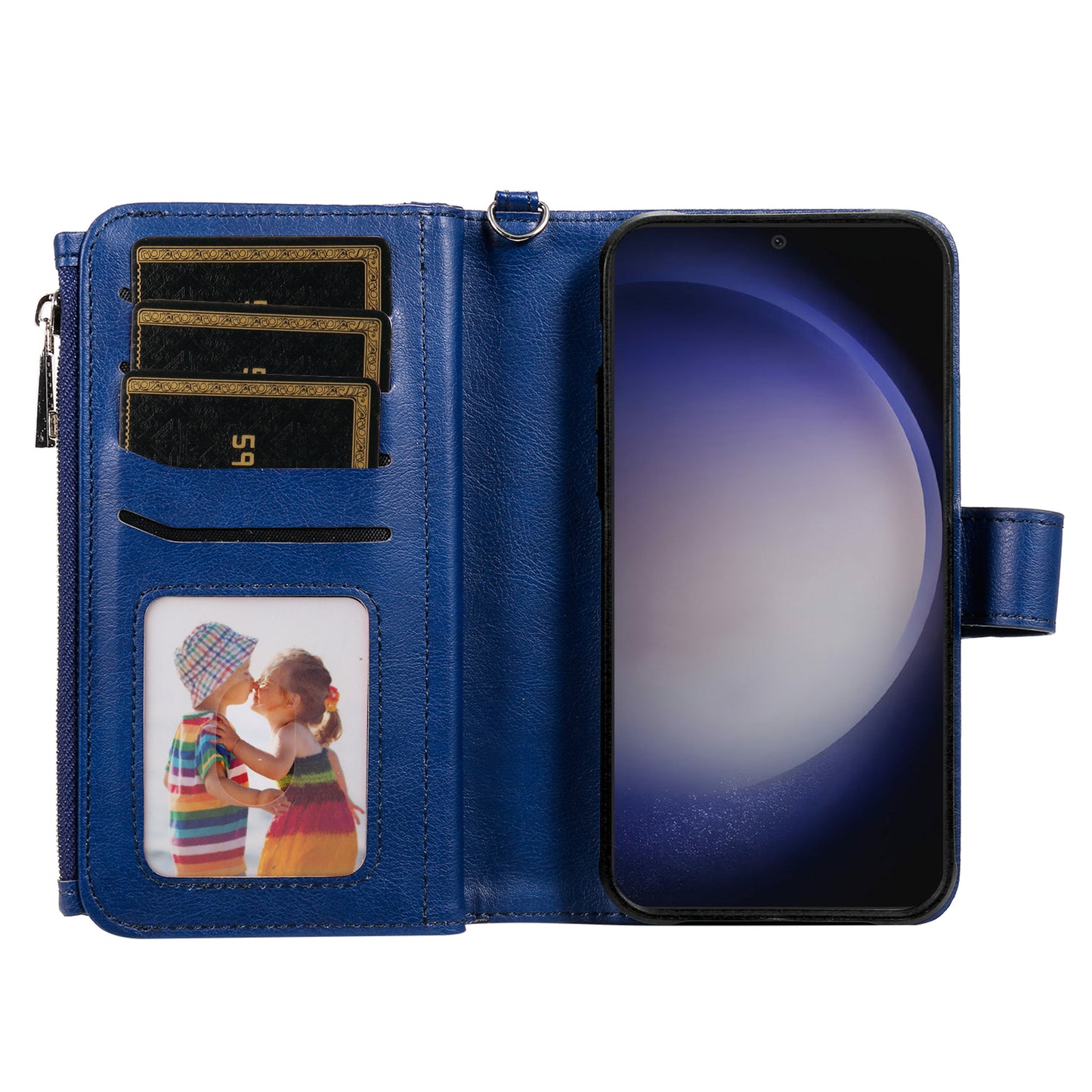 KT Multi-functional Series-4 for Samsung Galaxy S24 Magnetic Case Card Slots Stand Zipper Phone Cover - Blue