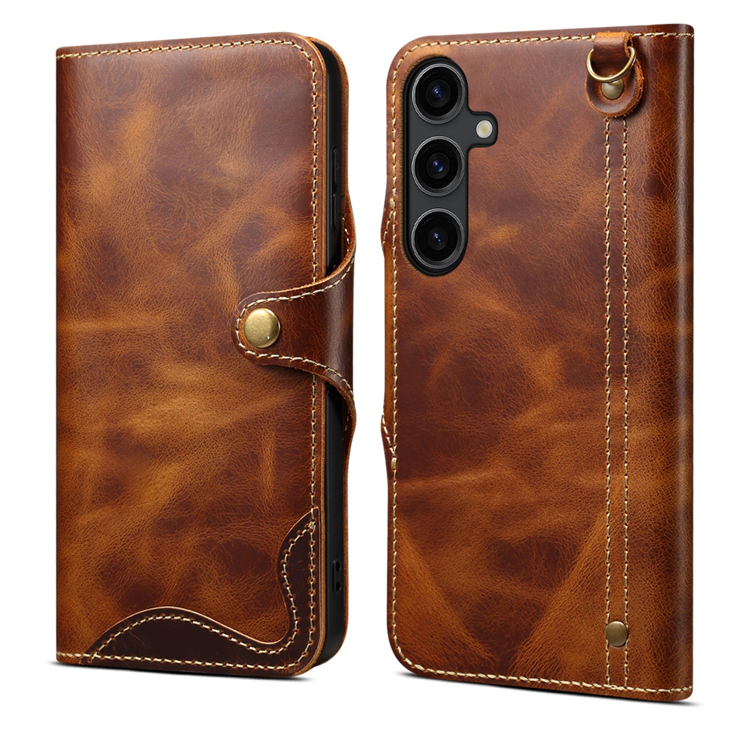 For Samsung Galaxy S24 Case Buckled Genuine Cow Leather+TPU Phone Wallet Cover - Brown