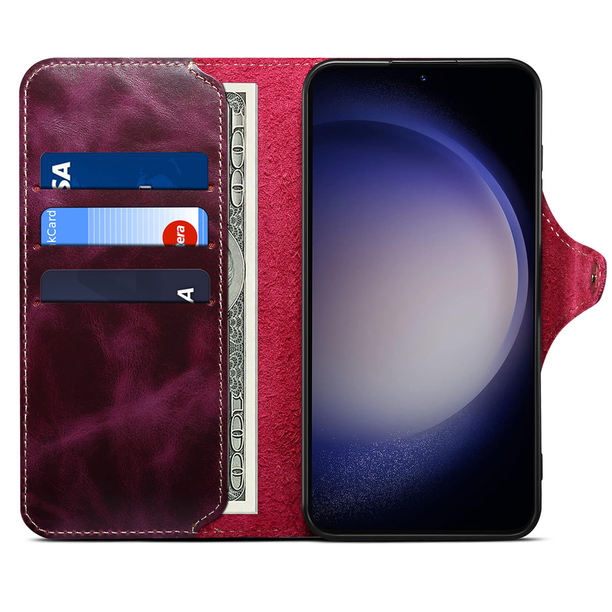 For Samsung Galaxy S24 Case Buckled Genuine Cow Leather+TPU Phone Wallet Cover - Purple