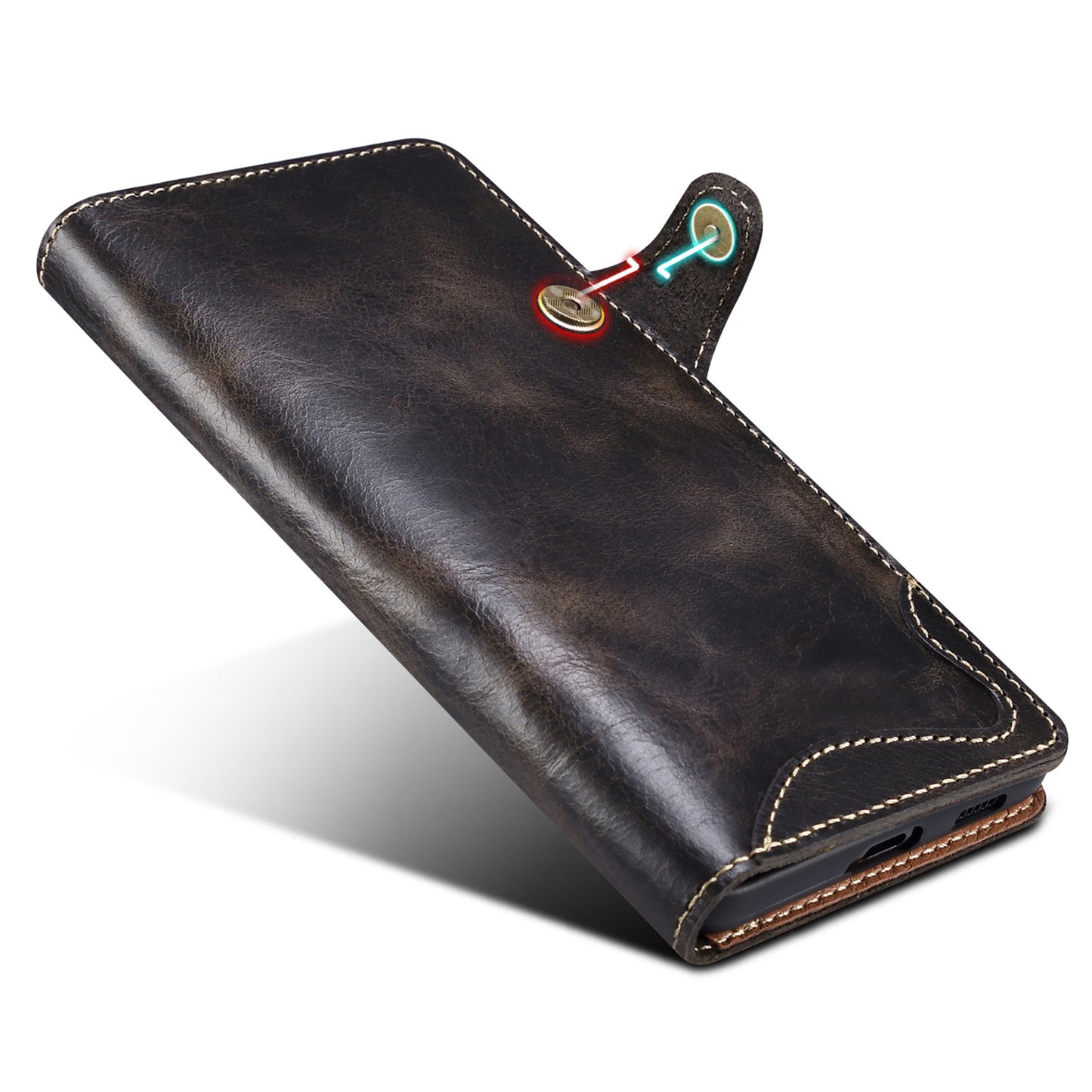 For Samsung Galaxy S24 Case Buckled Genuine Cow Leather+TPU Phone Wallet Cover - Black