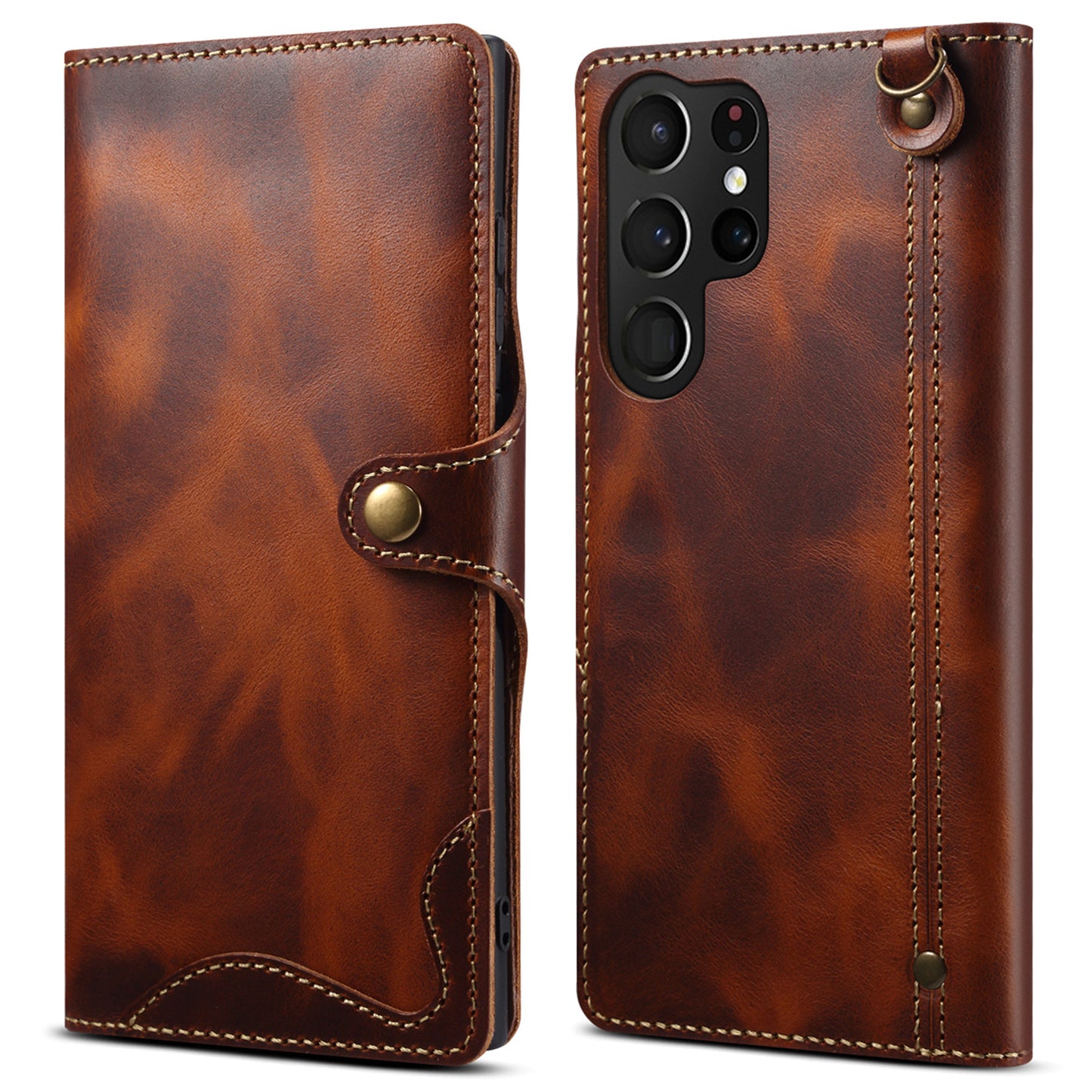 For Samsung Galaxy S24 Ultra Cell Phone Case Buckled Retro Oil Wax Wallet Cover - Brown