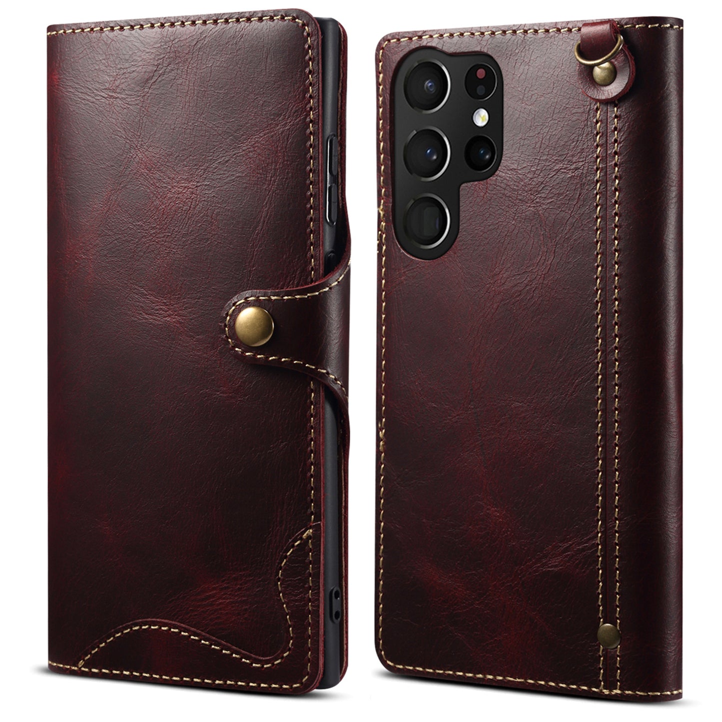 For Samsung Galaxy S24 Ultra Cell Phone Case Buckled Retro Oil Wax Wallet Cover - Wine Red