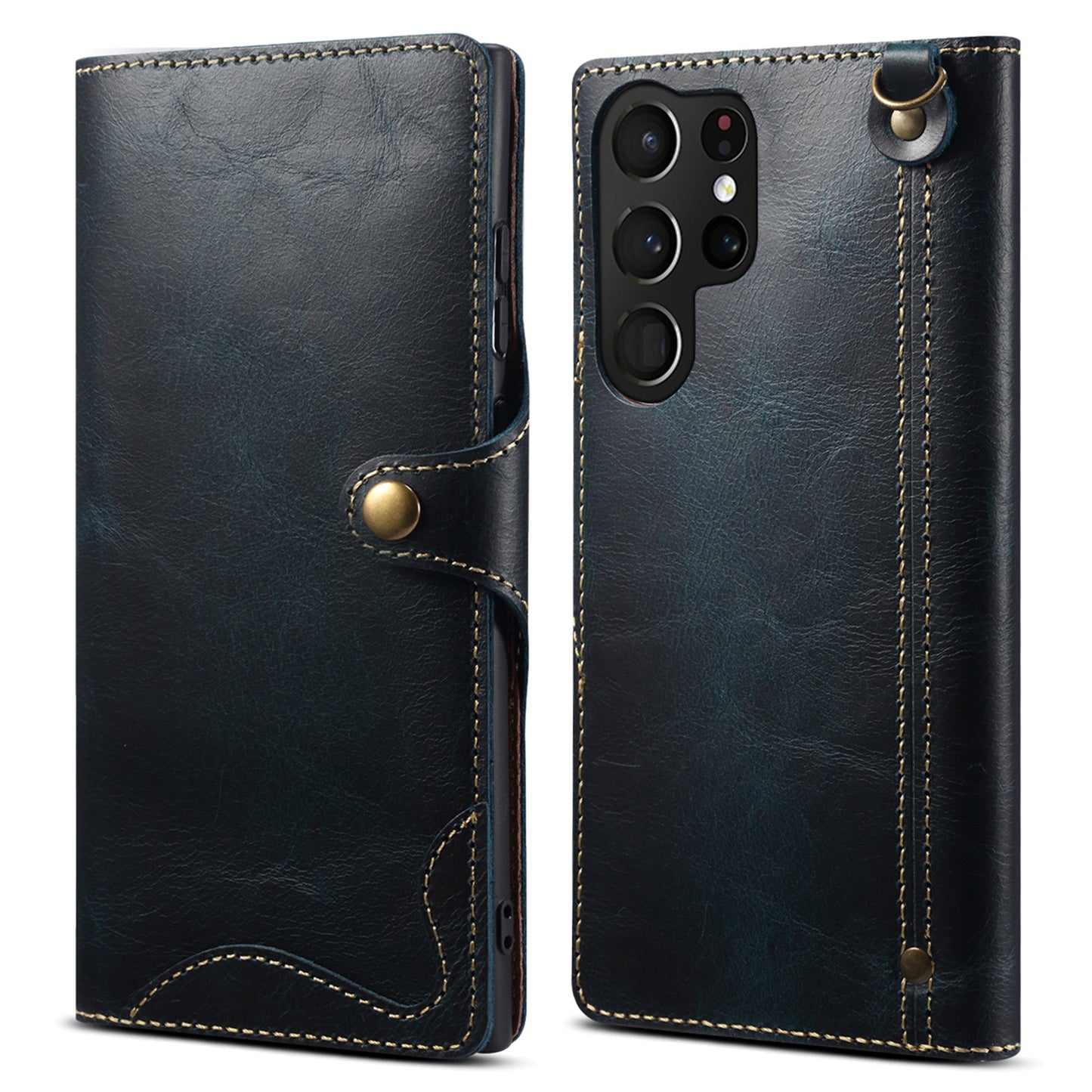 For Samsung Galaxy S24 Ultra Cell Phone Case Buckled Retro Oil Wax Wallet Cover - Blue