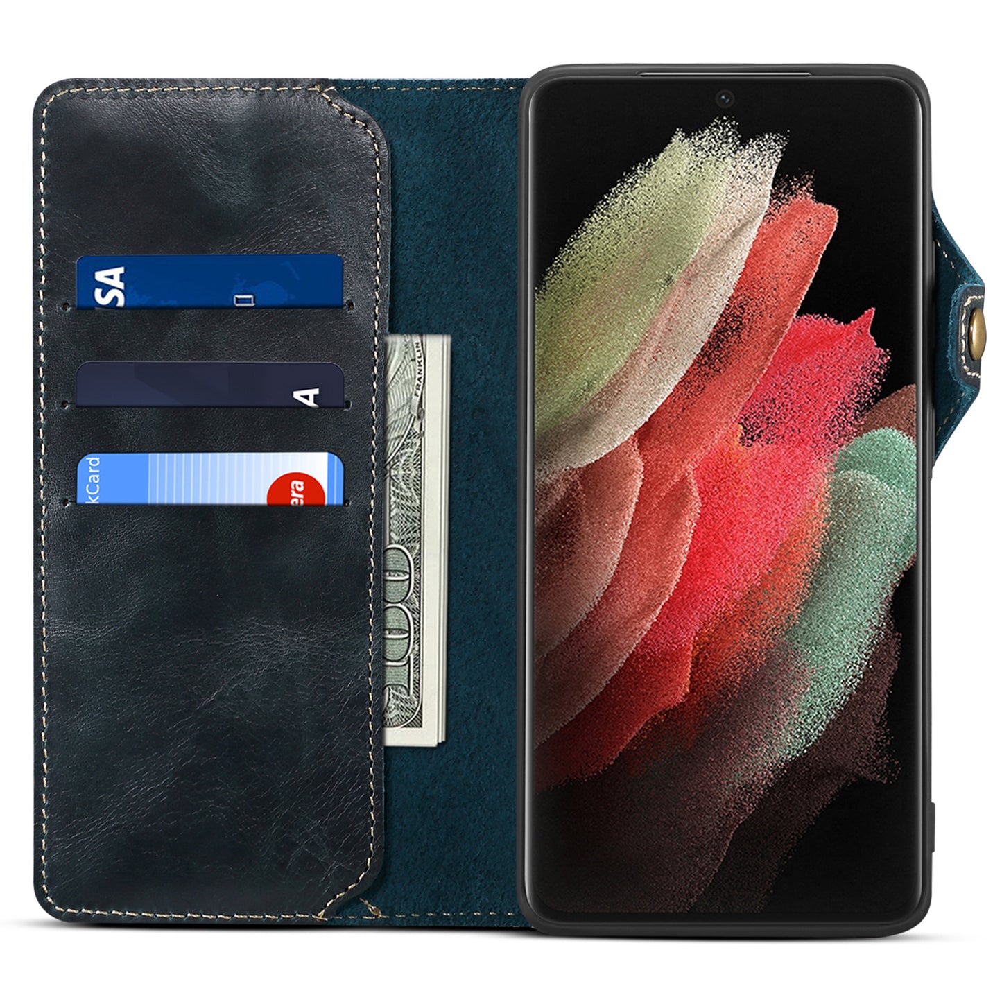 For Samsung Galaxy S24 Ultra Cell Phone Case Buckled Retro Oil Wax Wallet Cover - Blue