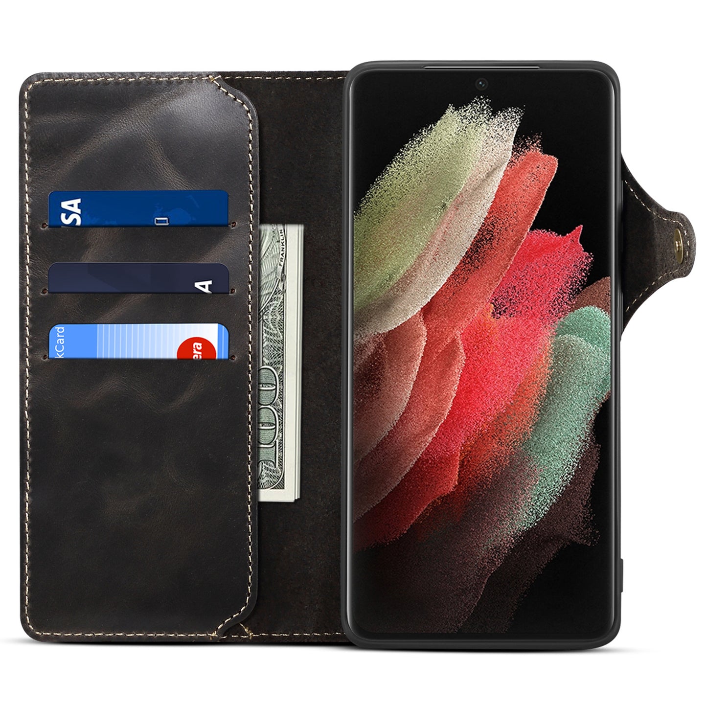 For Samsung Galaxy S24 Ultra Cell Phone Case Buckled Retro Oil Wax Wallet Cover - Black