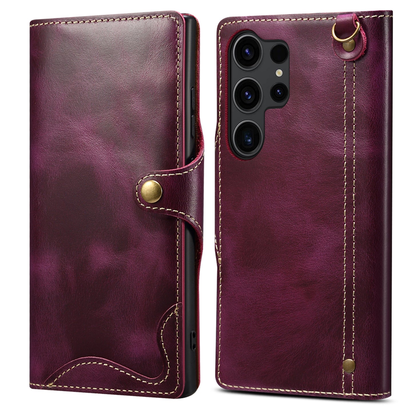 For Samsung Galaxy S24 Ultra Cell Phone Case Buckled Retro Oil Wax Wallet Cover - Purple