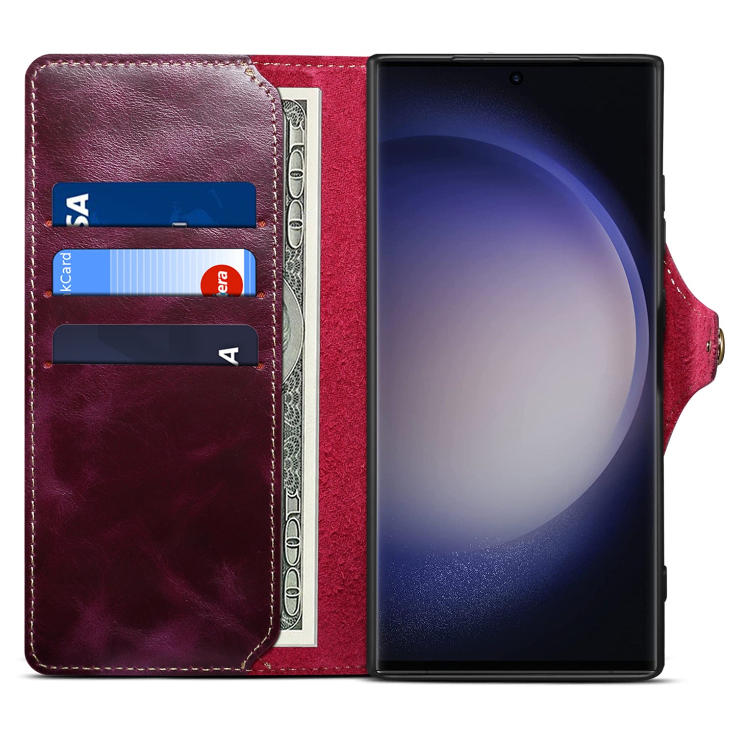 For Samsung Galaxy S24 Ultra Cell Phone Case Buckled Retro Oil Wax Wallet Cover - Purple