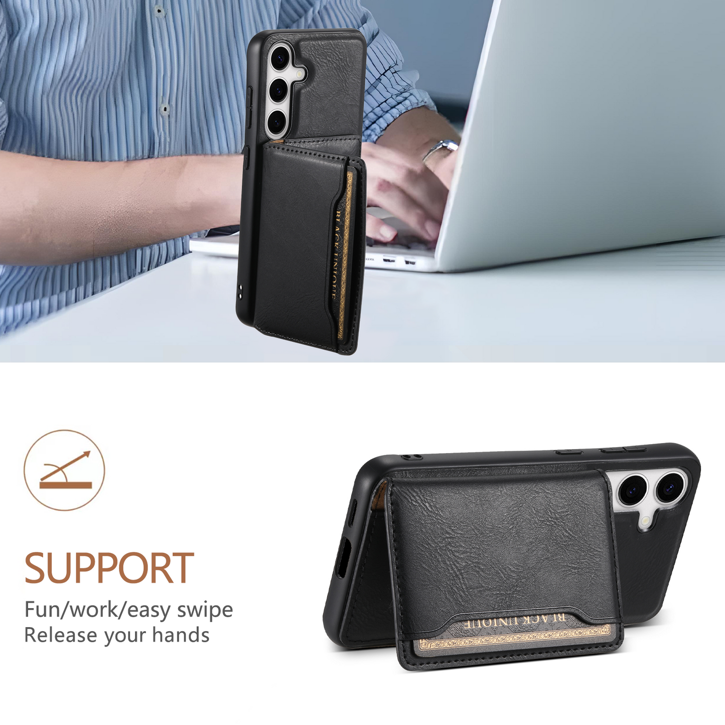 DENIOR For Samsung Galaxy S24 Magnetic Case Kickstand Phone Cover 2 in 1 Detachable Wallet Back - Black