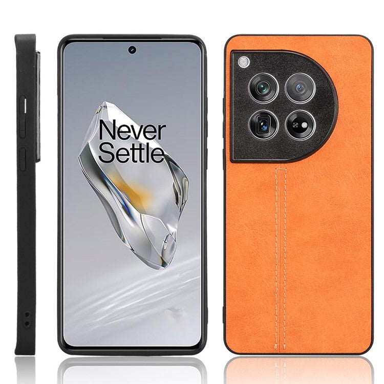 For OnePlus 12 5G Phone Cover Cowhide Texture Stitching Line Anti-fall Back Case - Orange