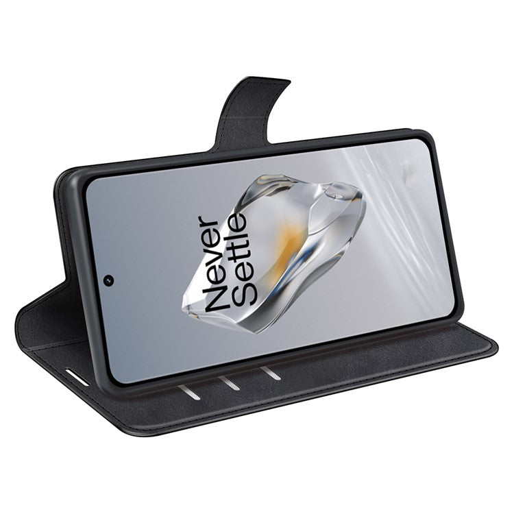 For OnePlus 12 5G PU Leather Folio Cover Magnetic Buckle Flip Phone Case Wallet - Black