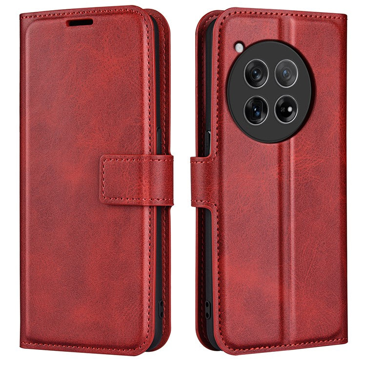 For OnePlus 12 5G PU Leather Folio Cover Magnetic Buckle Flip Phone Case Wallet - Red
