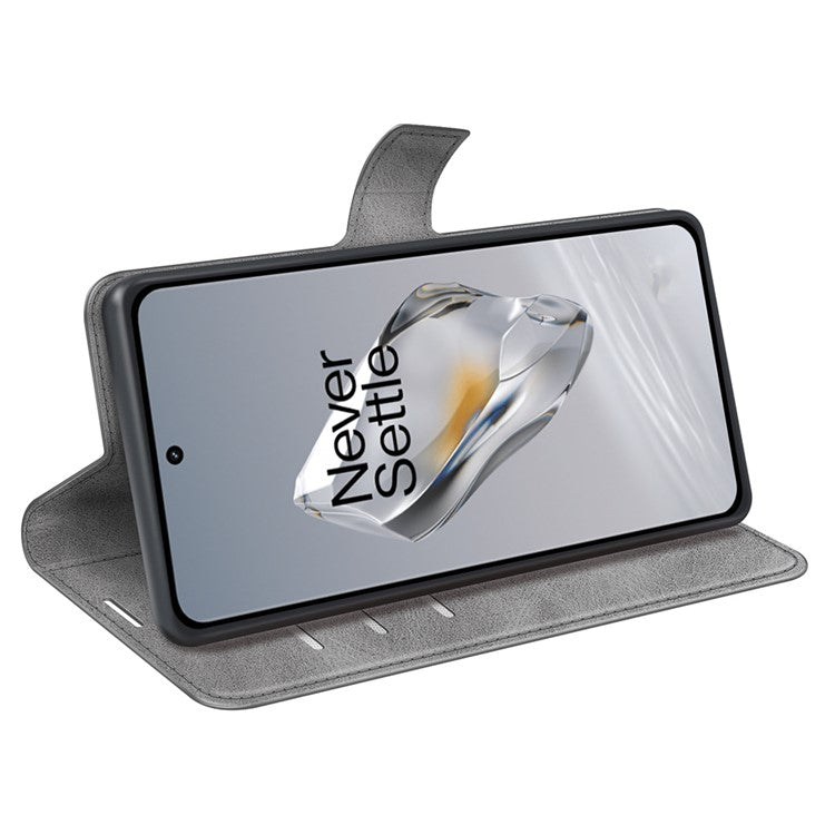 For OnePlus 12 5G PU Leather Folio Cover Magnetic Buckle Flip Phone Case Wallet - Grey