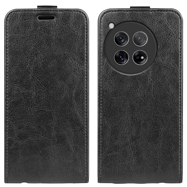 For OnePlus 12 5G Case with Card Holder Vertical Flip Crazy Horse Texture Phone Cover - Black