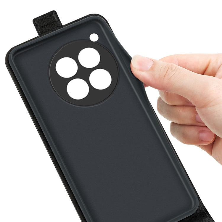 For OnePlus 12 5G Case with Card Holder Vertical Flip Crazy Horse Texture Phone Cover - Black