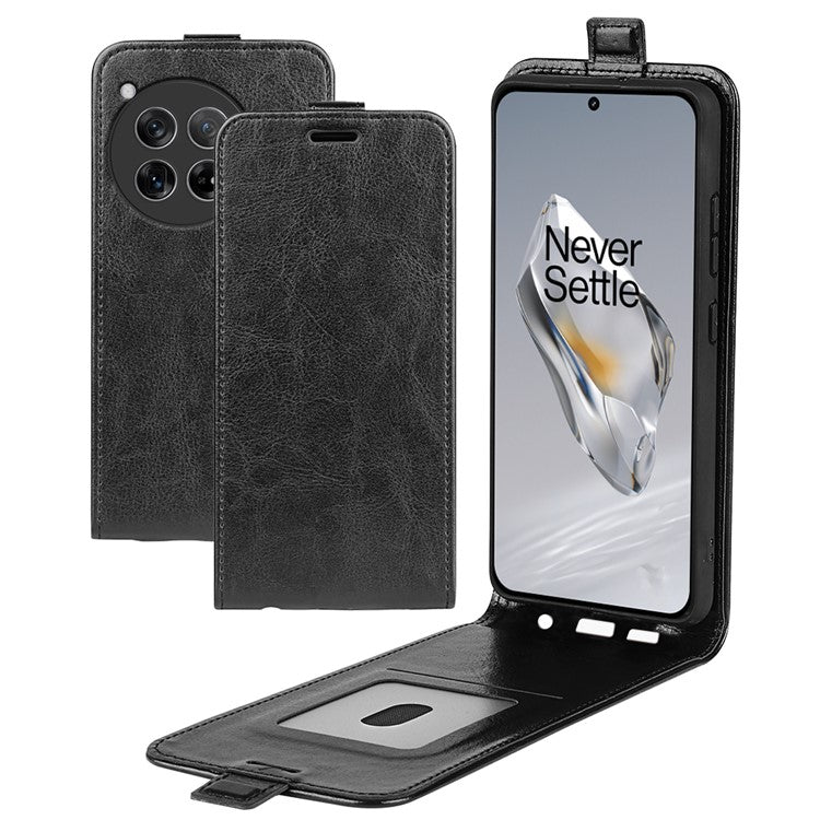 For OnePlus 12 5G Case with Card Holder Vertical Flip Crazy Horse Texture Phone Cover - Black