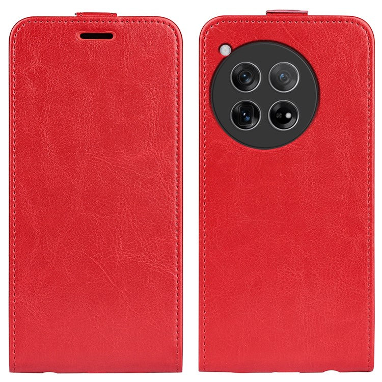 For OnePlus 12 5G Case with Card Holder Vertical Flip Crazy Horse Texture Phone Cover - Red