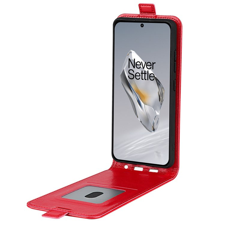 For OnePlus 12 5G Case with Card Holder Vertical Flip Crazy Horse Texture Phone Cover - Red