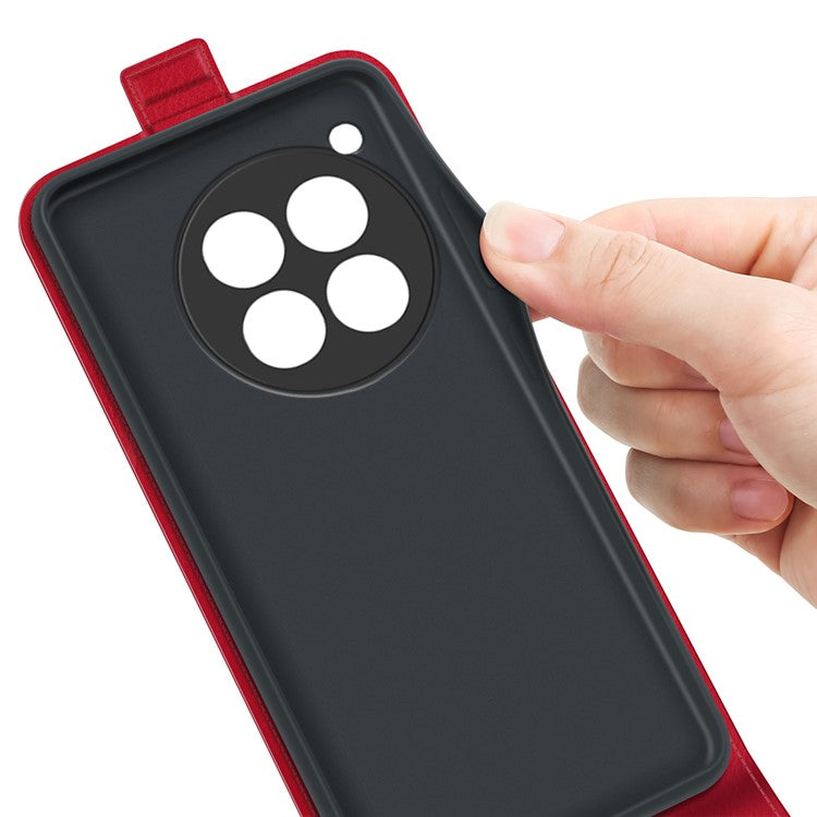 For OnePlus 12 5G Case with Card Holder Vertical Flip Crazy Horse Texture Phone Cover - Red