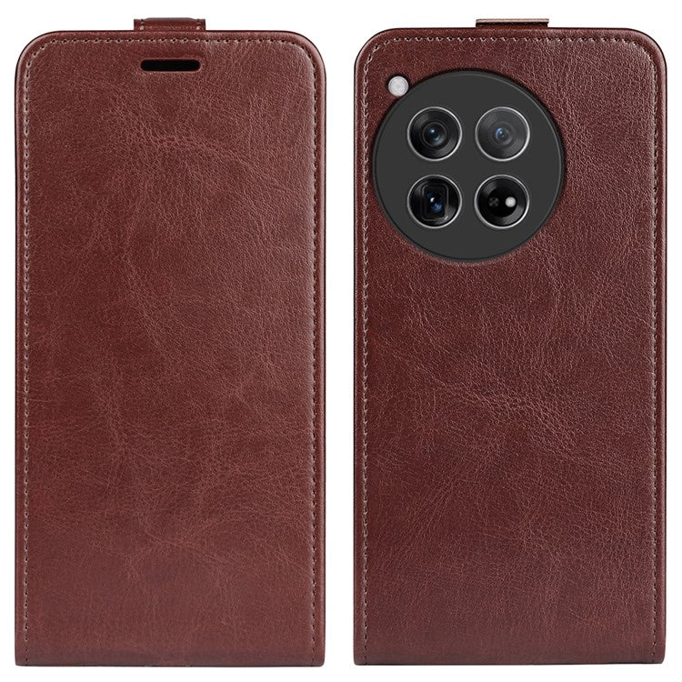 For OnePlus 12 5G Case with Card Holder Vertical Flip Crazy Horse Texture Phone Cover - Brown