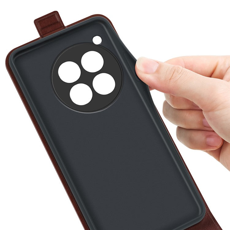 For OnePlus 12 5G Case with Card Holder Vertical Flip Crazy Horse Texture Phone Cover - Brown