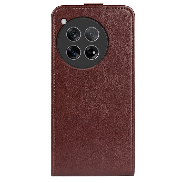 For OnePlus 12 5G Case with Card Holder Vertical Flip Crazy Horse Texture Phone Cover - Brown
