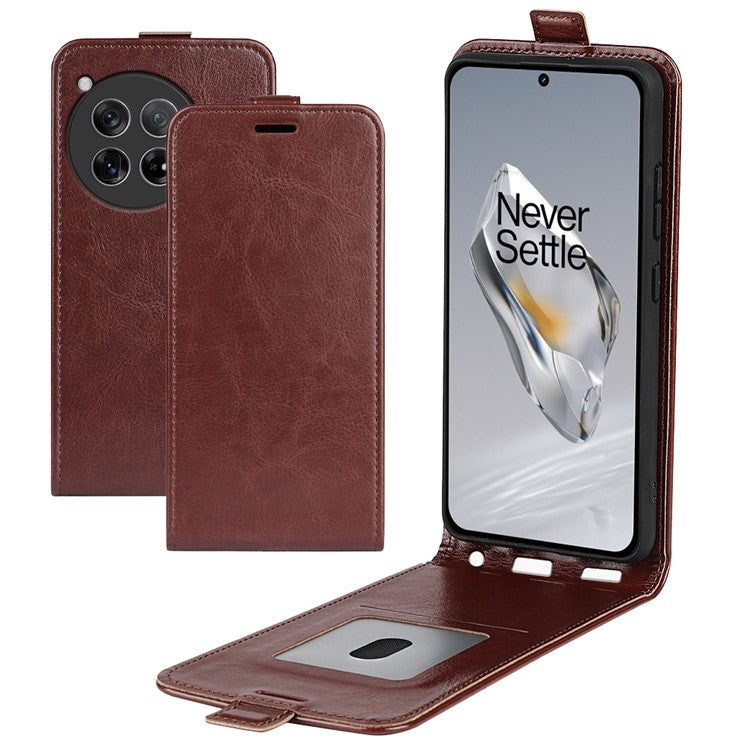 For OnePlus 12 5G Case with Card Holder Vertical Flip Crazy Horse Texture Phone Cover - Brown
