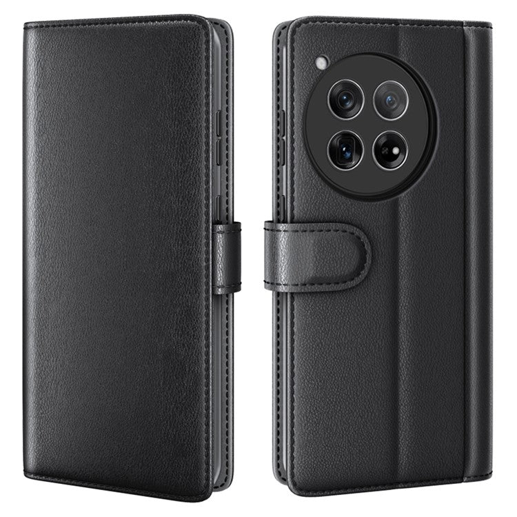 For OnePlus 12 5G Wallet Case Genuine Split Leather Phone Cover with TPU Shockproof Shell - Black