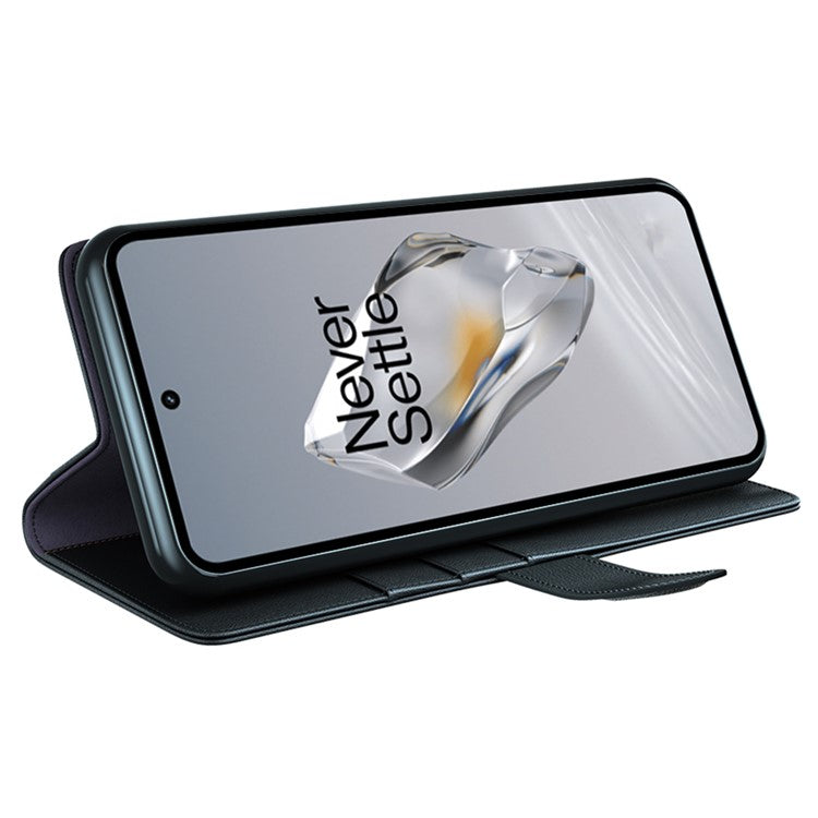 For OnePlus 12 5G Wallet Case Genuine Split Leather Phone Cover with TPU Shockproof Shell - Black