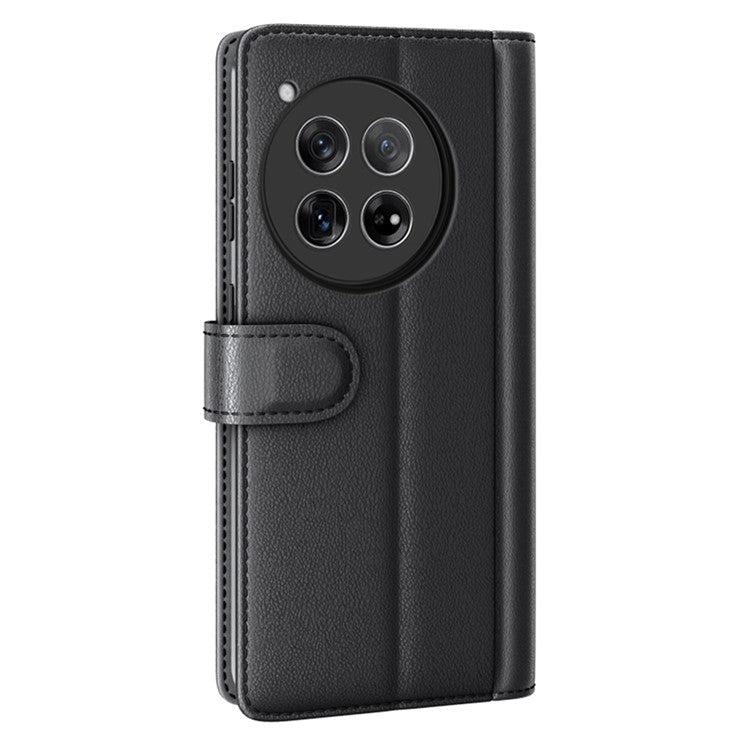For OnePlus 12 5G Wallet Case Genuine Split Leather Phone Cover with TPU Shockproof Shell - Black