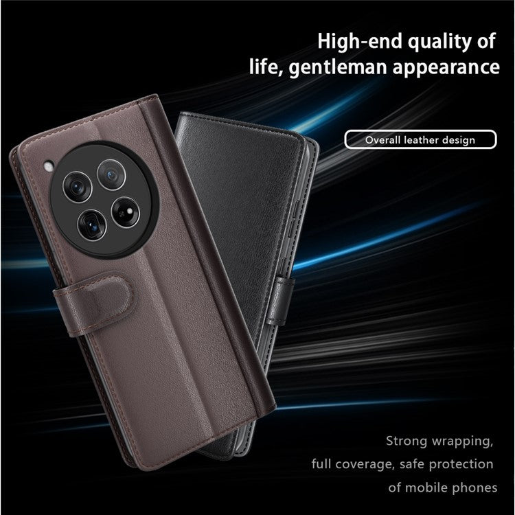 For OnePlus 12 5G Wallet Case Genuine Split Leather Phone Cover with TPU Shockproof Shell - Black