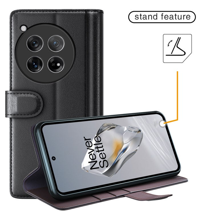 For OnePlus 12 5G Wallet Case Genuine Split Leather Phone Cover with TPU Shockproof Shell - Black