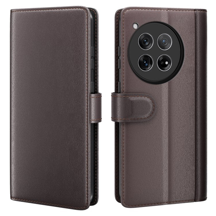 For OnePlus 12 5G Wallet Case Genuine Split Leather Phone Cover with TPU Shockproof Shell - Brown