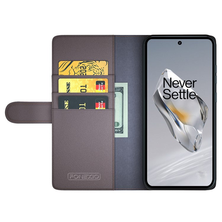 For OnePlus 12 5G Wallet Case Genuine Split Leather Phone Cover with TPU Shockproof Shell - Brown