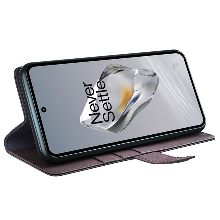 For OnePlus 12 5G Wallet Case Genuine Split Leather Phone Cover with TPU Shockproof Shell - Brown