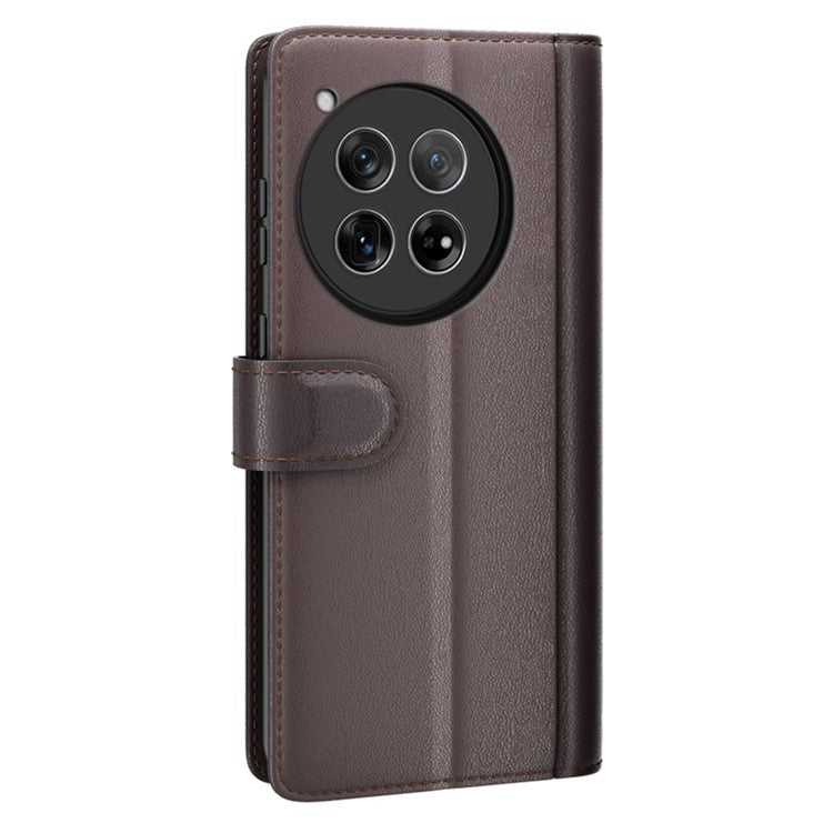 For OnePlus 12 5G Wallet Case Genuine Split Leather Phone Cover with TPU Shockproof Shell - Brown