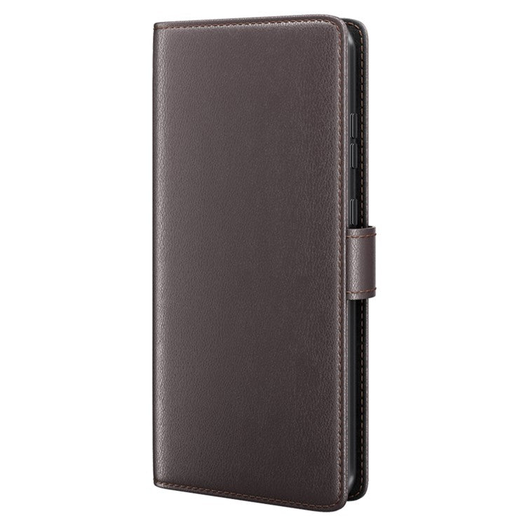 For OnePlus 12 5G Wallet Case Genuine Split Leather Phone Cover with TPU Shockproof Shell - Brown
