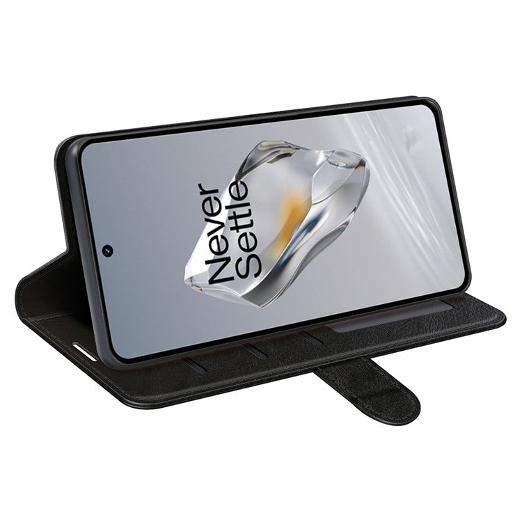 For OnePlus 12 5G PU Leather Case Magnetic Closure Phone Cover Crazy Horse Texture - Black