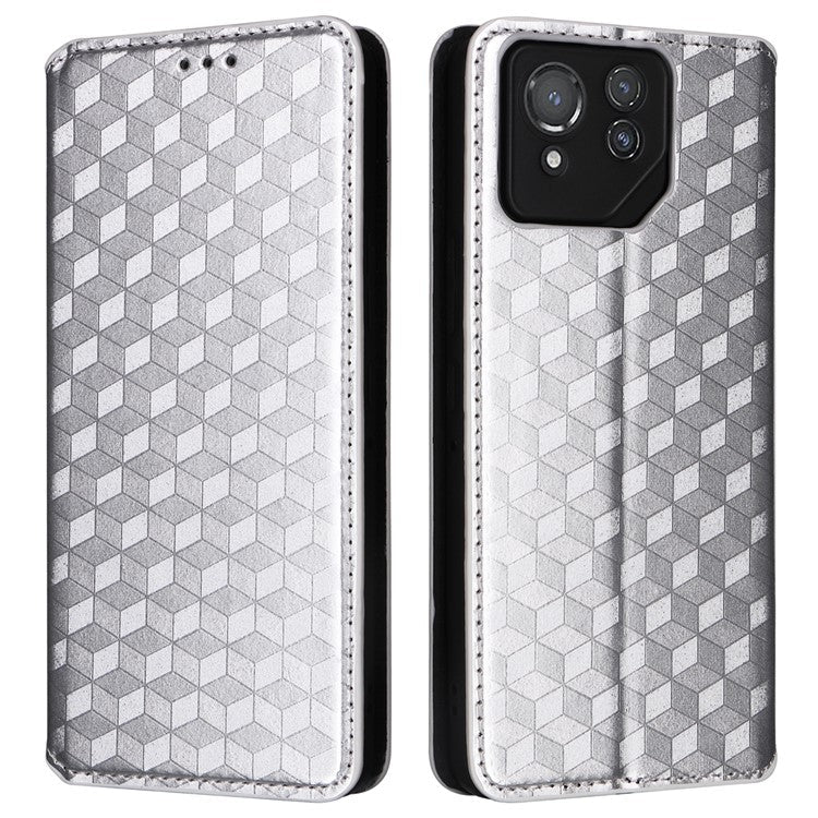For Asus ROG Phone 8 Pro 5G / 8 5G Wallet Case Leather Magnetic Auto Closing Imprint Cover - Silver