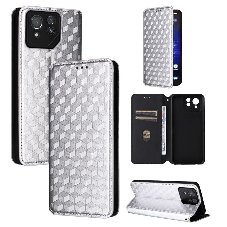 For Asus ROG Phone 8 Pro 5G / 8 5G Wallet Case Leather Magnetic Auto Closing Imprint Cover - Silver
